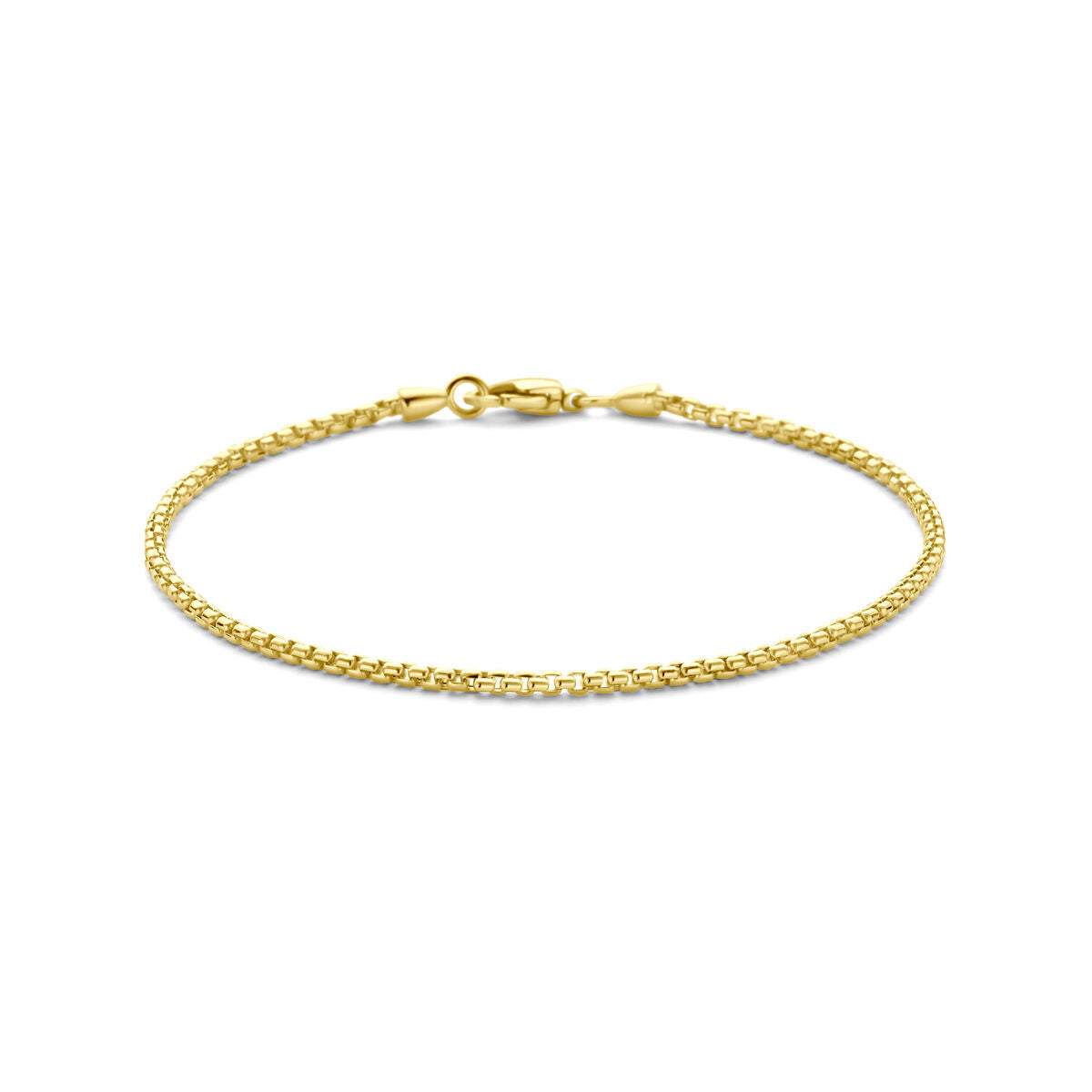 De Gouden armband dames venetiaans bol 14K van Van der Kooij Collectie met een elegante Venetiaanse schakel en karabijnsluiting wordt getoond op een witte achtergrond.