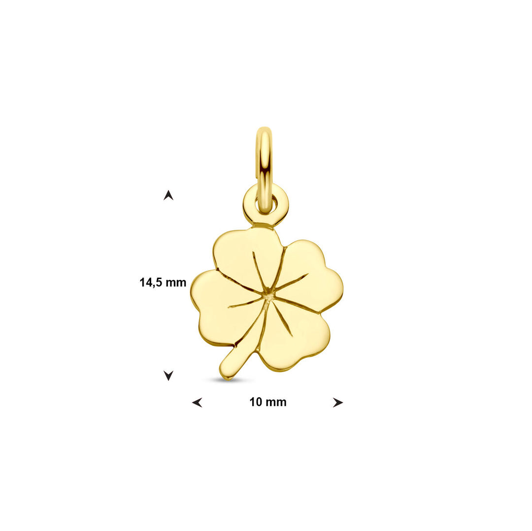 Van der Kooij Collectie hanger klaver 14K geelgoud: elegante goudkleurige vierbladige klaverhanger van 14,5 x 10 mm met kleine lus voor bevestiging, afgebeeld op witte achtergrond met maatindicatie.