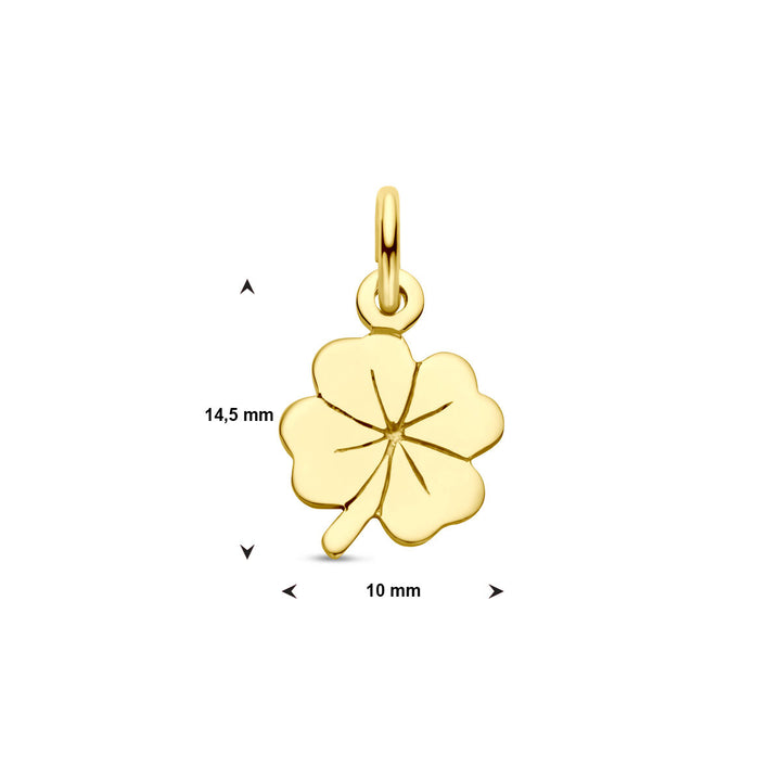 Van der Kooij Collectie hanger klaver 14K geelgoud: elegante goudkleurige vierbladige klaverhanger van 14,5 x 10 mm met kleine lus voor bevestiging, afgebeeld op witte achtergrond met maatindicatie.