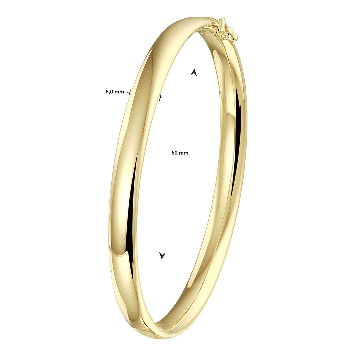 De Van der Kooij Collectie bangle scharnier ovale buis 6 x 60 mm is een gepolijste 14K geelgouden dames armband met een scharniersluiting. De armband heeft een ovale buis met een diameter van 60 mm en een breedte van 6 mm.