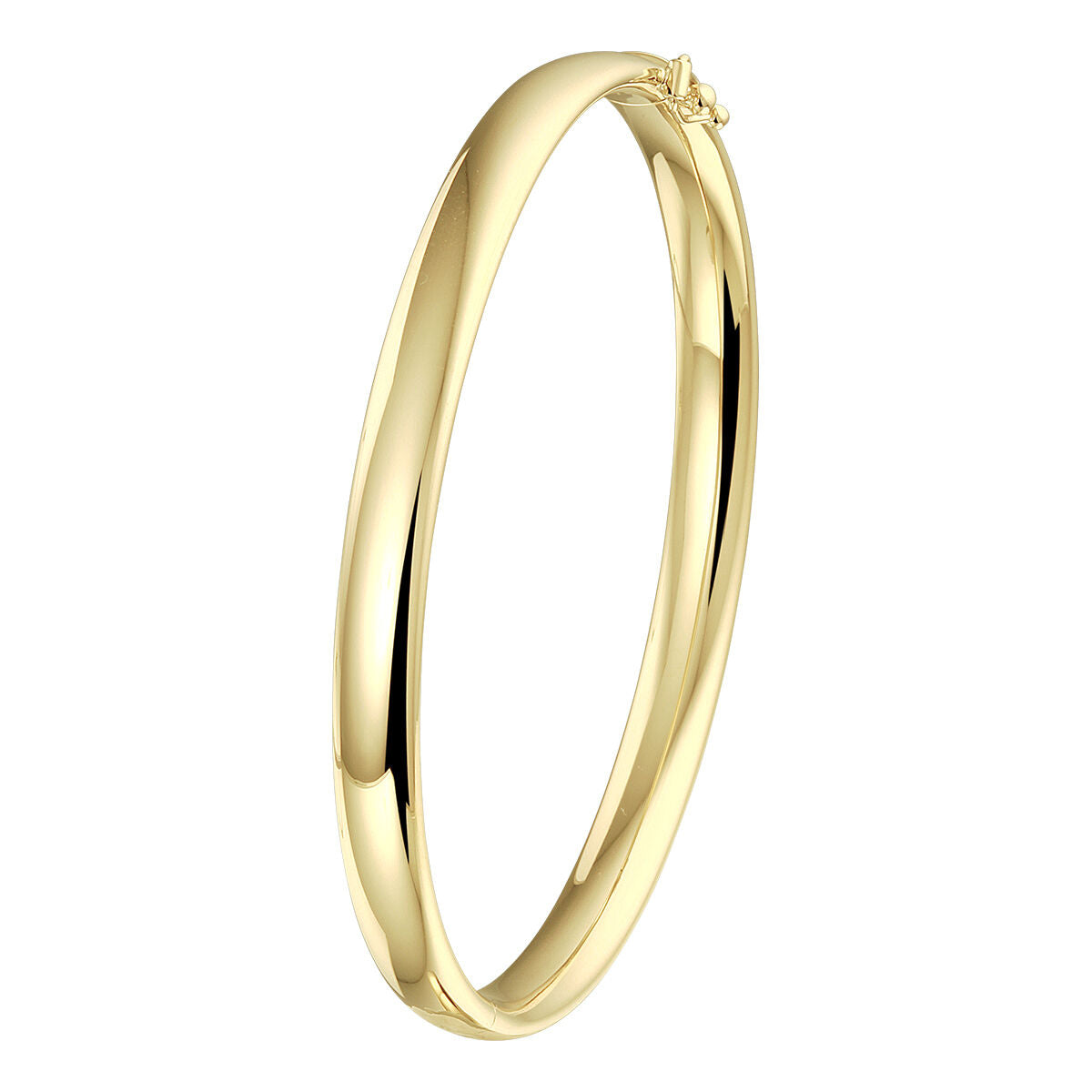 De Van der Kooij Collectie armband scharnier ovale buis 6 x 60 mm is een gepolijste, 14K geelgouden dames armband met een glad, glanzend oppervlak en eenvoudige ovale vorm, afgebeeld tegen een witte achtergrond.