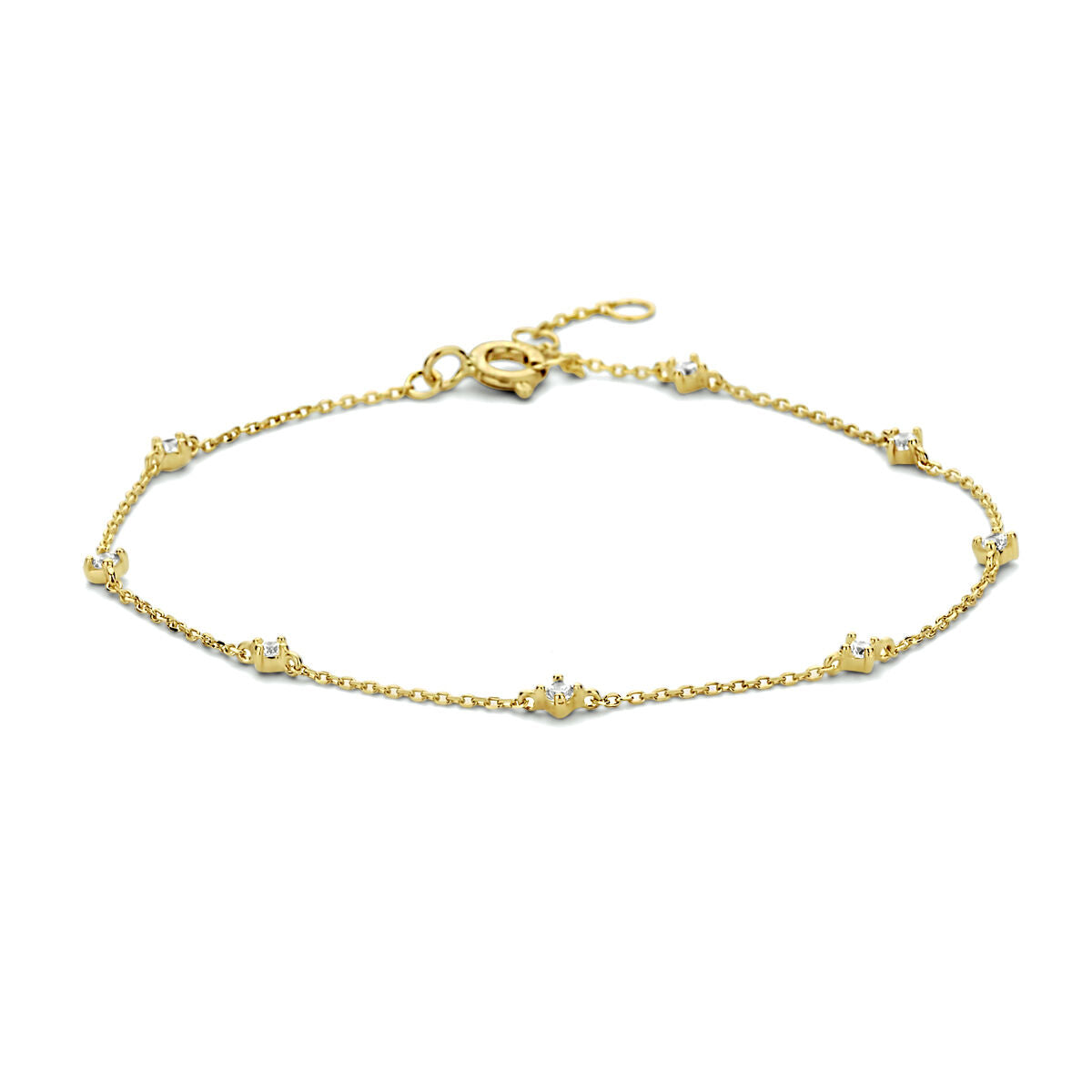 Armband van 14K geelgoud met zirkonia, verstelbaar van 16,5 tot 18,5 cm, met delicate schakels en glinsterende steentjes.