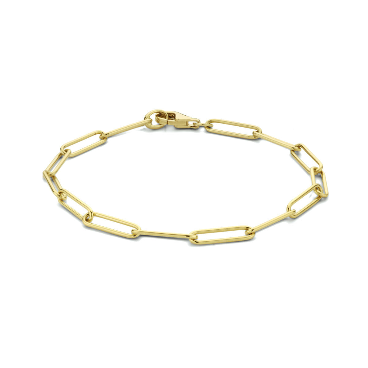 Armband van massief 14K geelgoud met paperclip schakels, 3,9 mm breed en 19 cm lang.