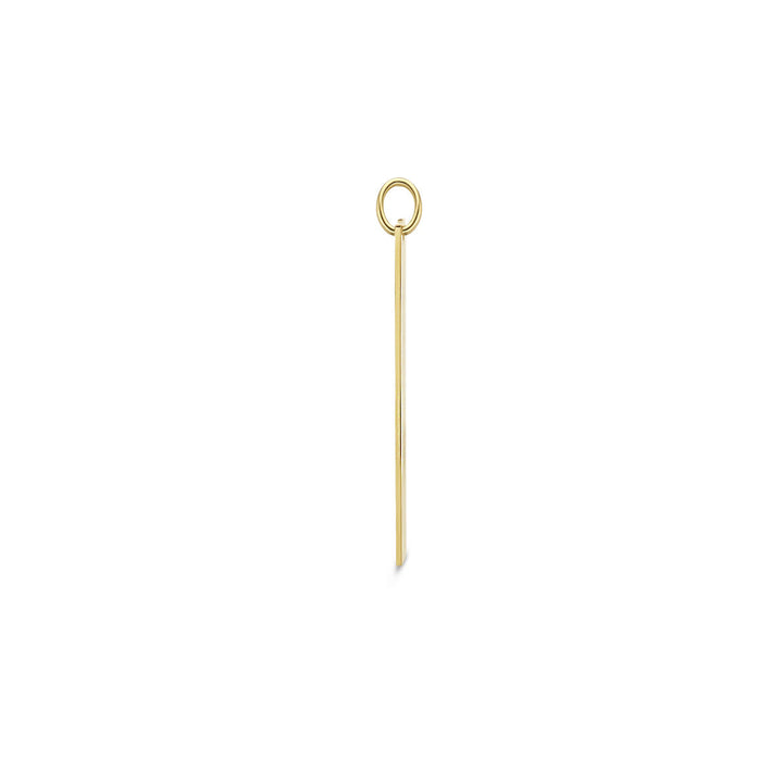 Een minimalistische graveerhanger 14K geelgoud van Van der Kooij Collectie heeft een kleine ronde gouden ring met een lange, rechte, slanke staaf, die lijkt op een rechthoekige hanger, gecentreerd op een witte achtergrond.