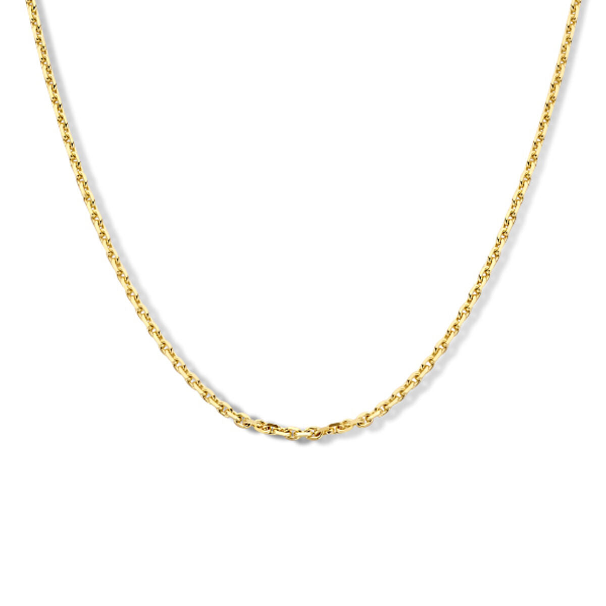 Het Van der Kooij Collectie collier anker gediamanteerd 2,0 mm in 14K geelgoud heeft kleine, gelijkmatig verdeelde ankerschakelschakels en een karabijnsluiting, elegant weergegeven op een witte achtergrond.