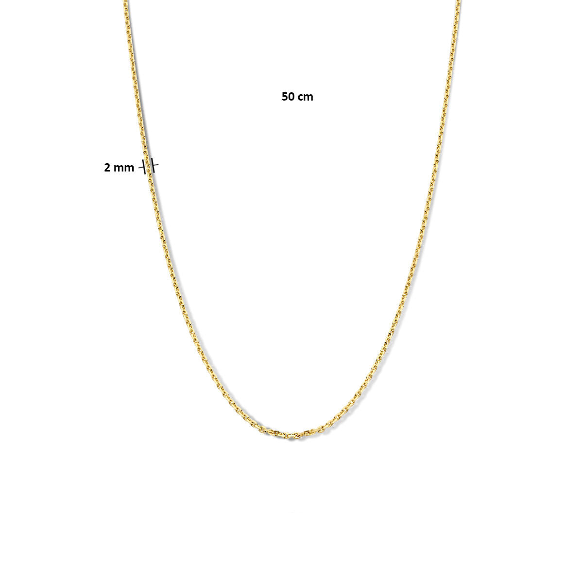 Het Van der Kooij Collectie collier anker gediamanteerd 2,0 mm in 14K geelgoud wordt weergegeven in een U-vorm op een witte achtergrond, aangegeven als 50 cm lang.