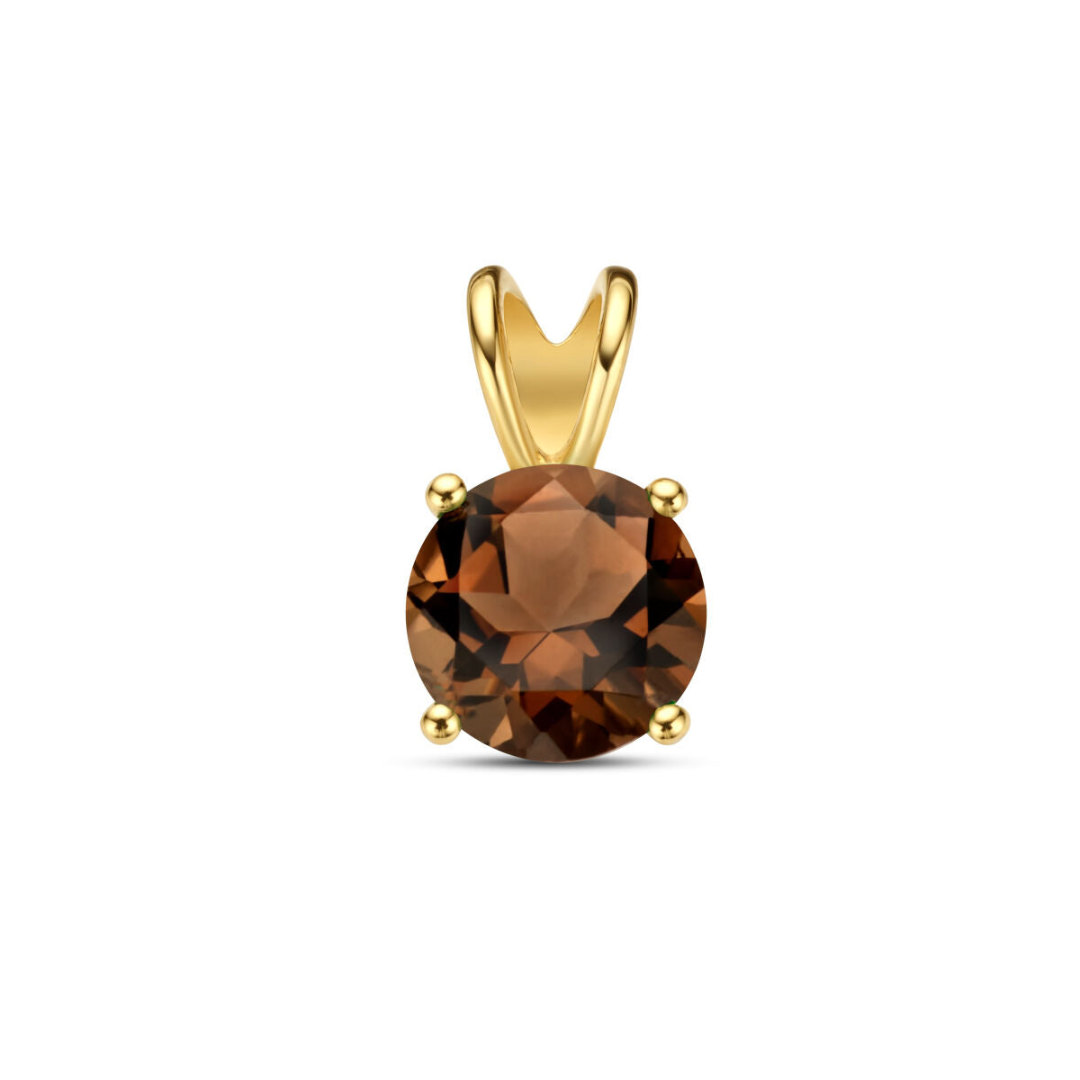 De Van der Kooij Collectie hanger rookkwarts 14K geelgoud heeft een ronde, facetgeslepen rookkwarts in een vierpunts zetting - een elegante dames sieraad tegen een witte achtergrond.