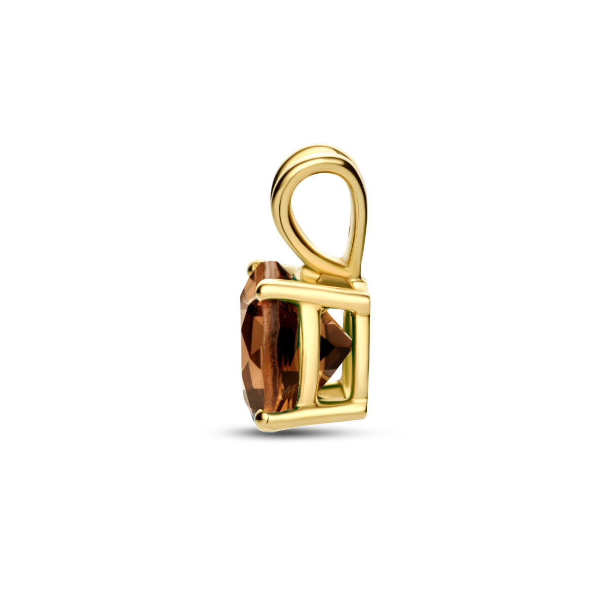 De hanger rookkwarts 14K geelgoud uit de Van der Kooij Collectie is een dames sieraad met een rechthoekige, gefacetteerde rookkwarts in een open minimalistisch gouden frame, gefotografeerd tegen een witte achtergrond.
