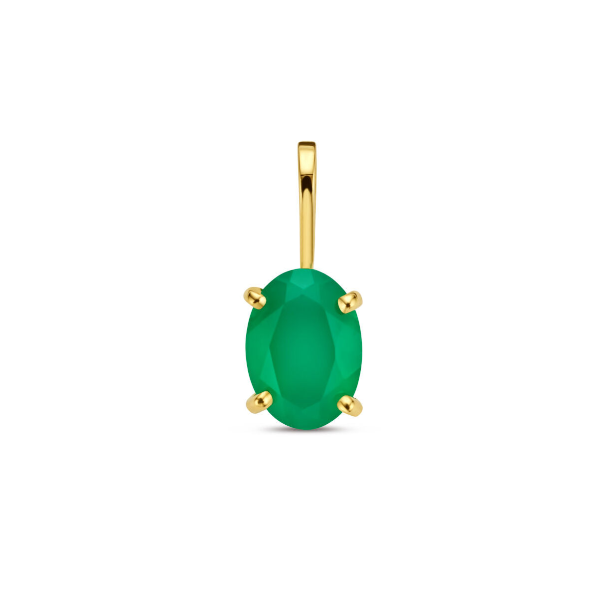 Hanger van groen agaat in een ovale vorm, gezet in 14K geelgoud met vier gouden zettingen.