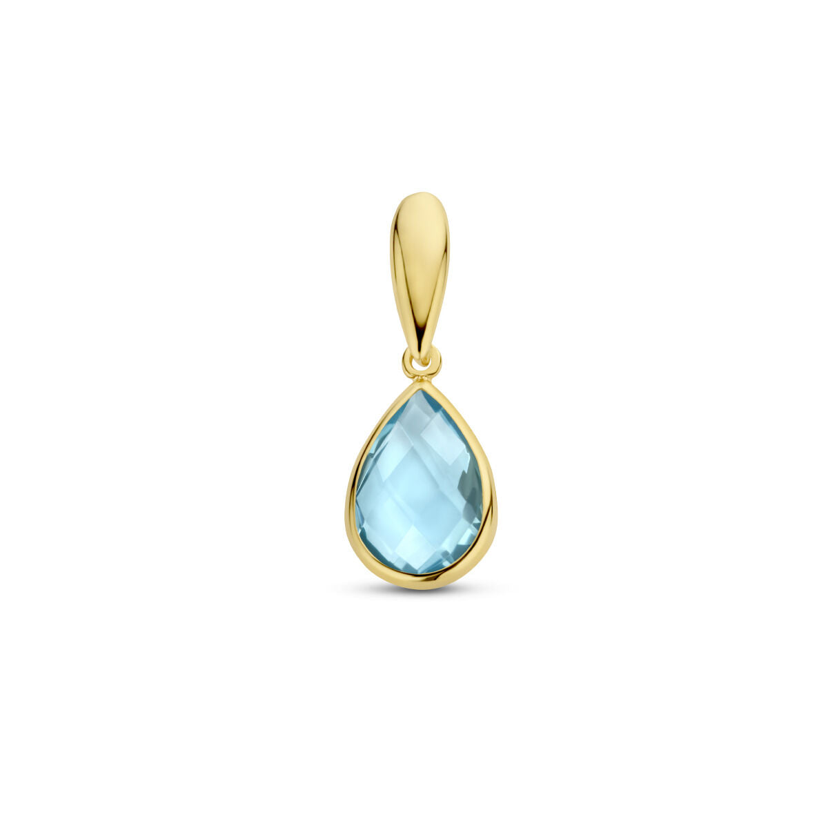 Hanger met een druppelvormige blauwe topaas in 14K geelgoud.