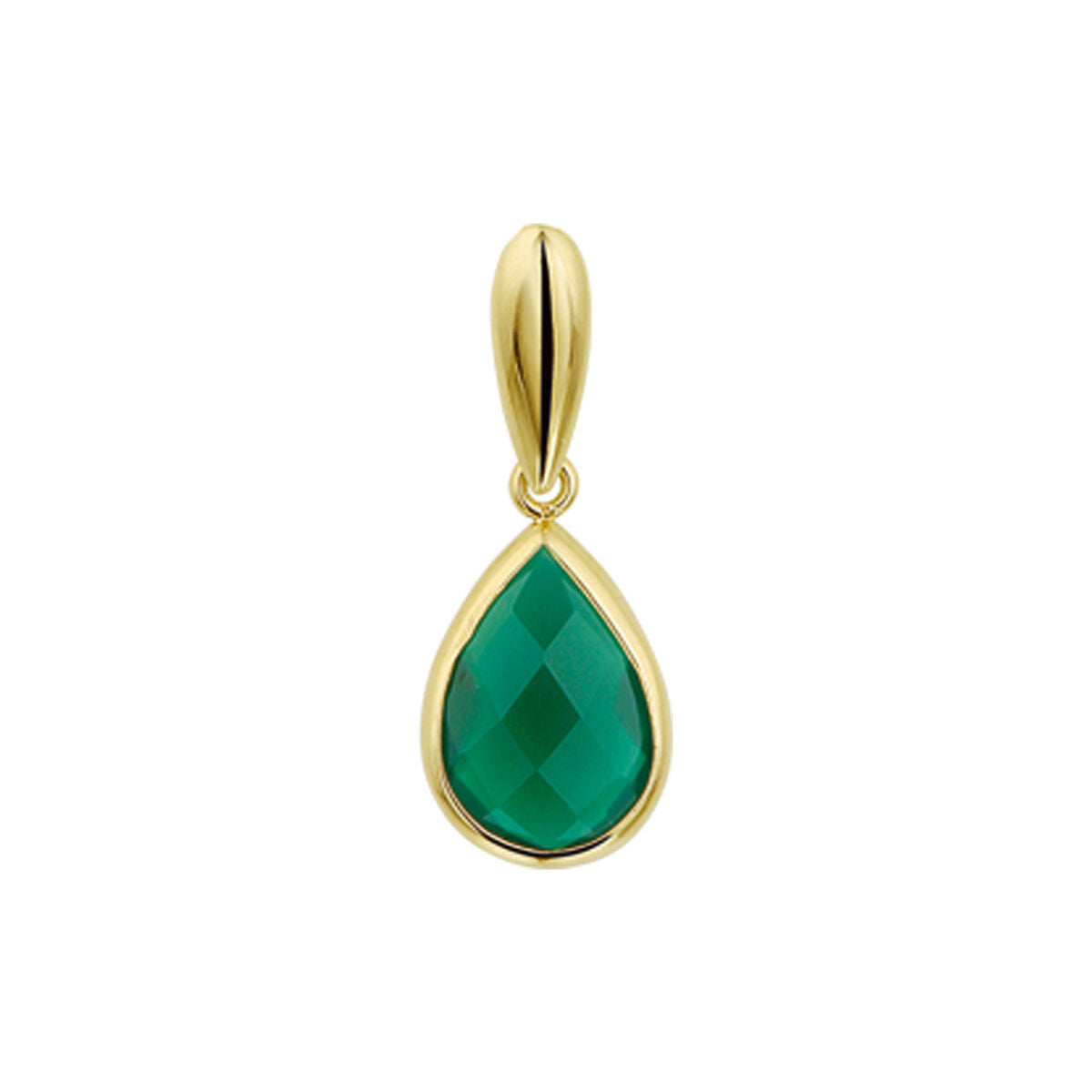 Hanger van groen agaat in druppelvorm, omringd door 14K geelgoud met een facette-afwerking.