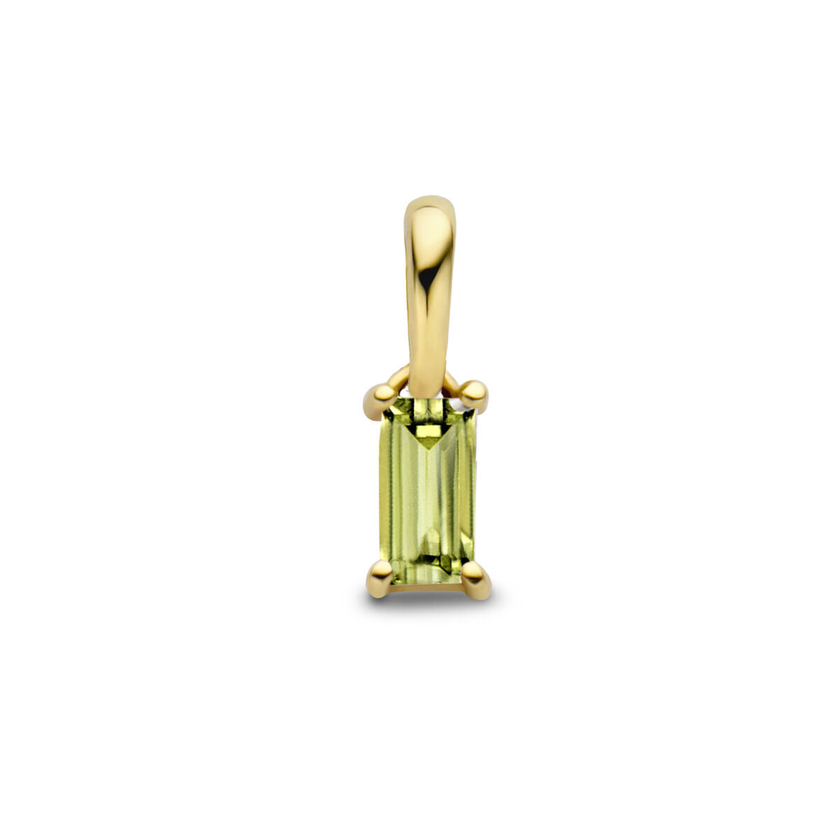 De hanger met geboortesteen 14K geelgoud uit de Van der Kooij Collectie, met een rechthoekige smaragd geslepen peridoot, schittert op een witte achtergrond.