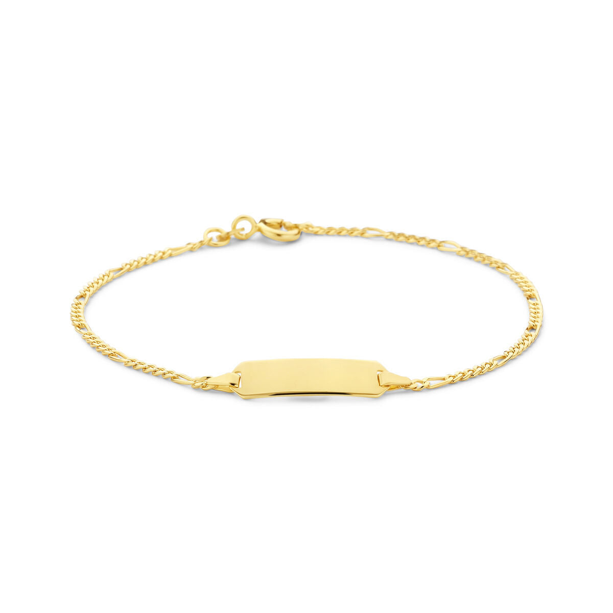 Graveerarmband van 14K geelgoud met een gladde, rechthoekige plaat en een gedraaide schakelband.