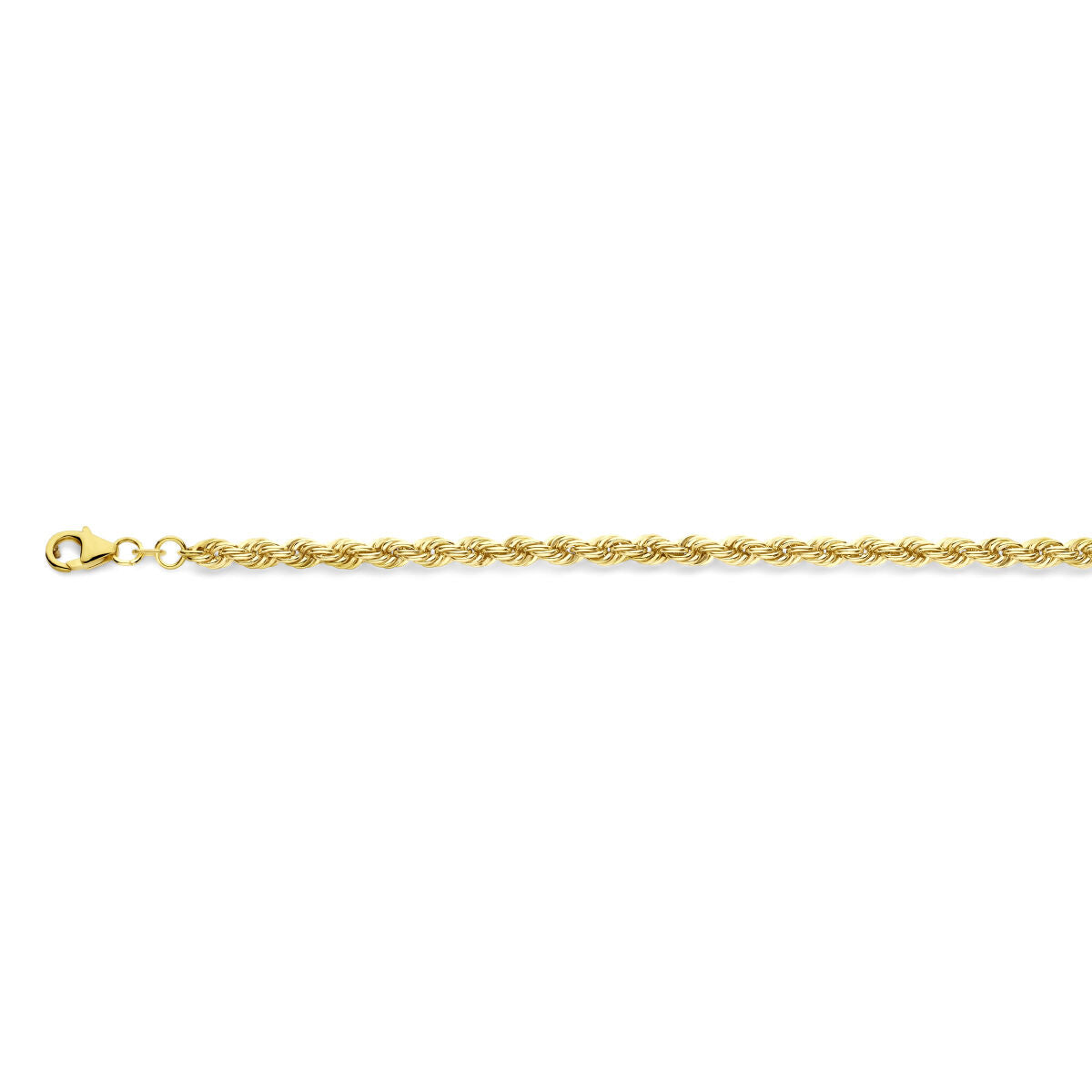 De Van der Kooij Collectie koord 4,4 mm 14K geelgoud unisex armband met karabijn sluiting is horizontaal afgebeeld op een witte achtergrond.