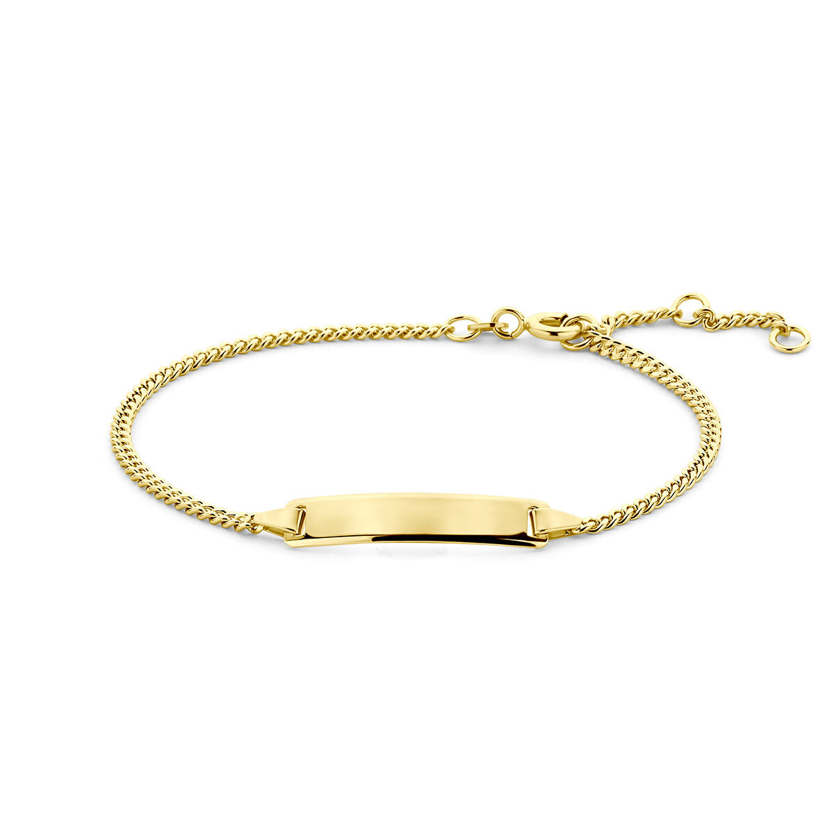 Gouden graveerarmband met gourmette schakel, plaat van 5,0 mm en verstelbare lengte van 16 tot 19 cm.