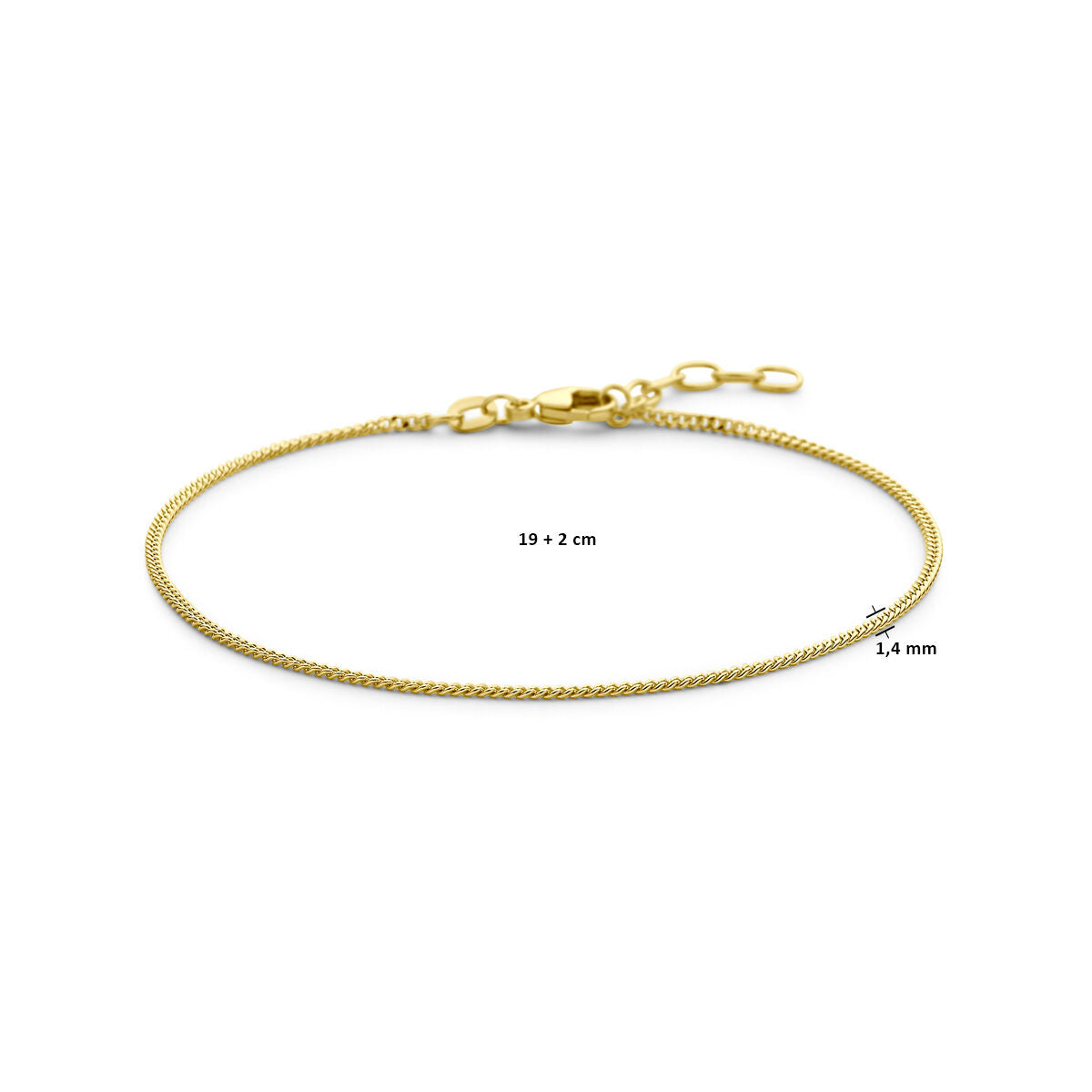 De Van der Kooij Collectie gourmette 4-zijdes geslepen armband is gemaakt van 14K geelgoud, 1,4 mm dik en 19 + 2 cm lang (heren lengte), met een karabijnsluiting en verlengstukken, afgebeeld op een witte achtergrond.
