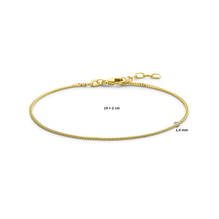 De Van der Kooij Collectie gourmette 4-zijdes geslepen armband is gemaakt van 14K geelgoud, 1,4 mm dik en 19 + 2 cm lang (heren lengte), met een karabijnsluiting en verlengstukken, afgebeeld op een witte achtergrond.