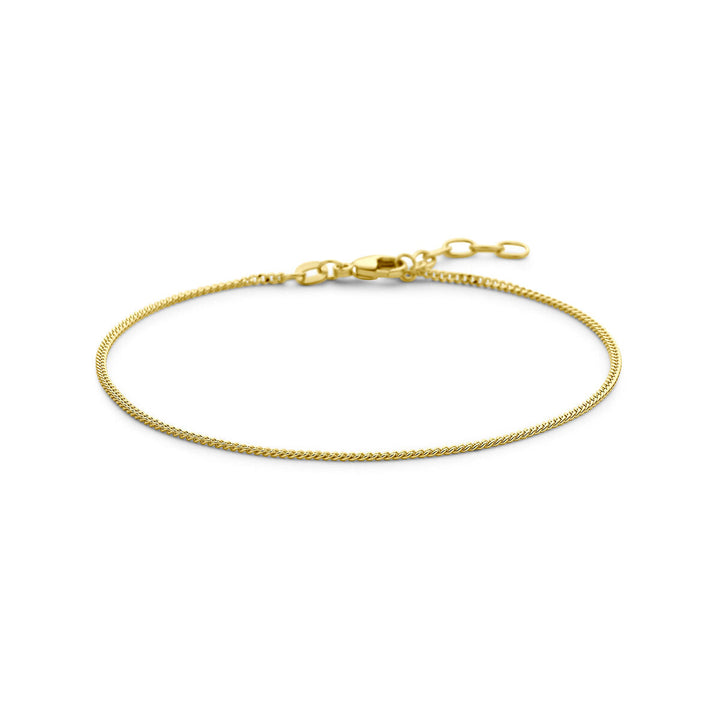 De Van der Kooij Collectie gourmette armband, 4-zijdes geslepen, 1,4 mm breed en 19+2 cm lang (heren lengte), is vervaardigd uit 14K geelgoud en voorzien van een stevige sluiting. Afgebeeld op een witte achtergrond.