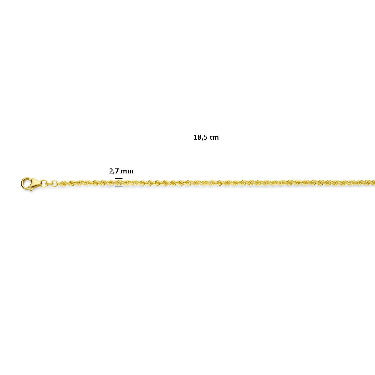 Het Van der Kooij Collectie koord 2,7 mm massief 14K geelgoud unisex armband, 18,5 cm lang met karabijnsluiting schakels, is bijvoorbeeld een rechte schakelketting.