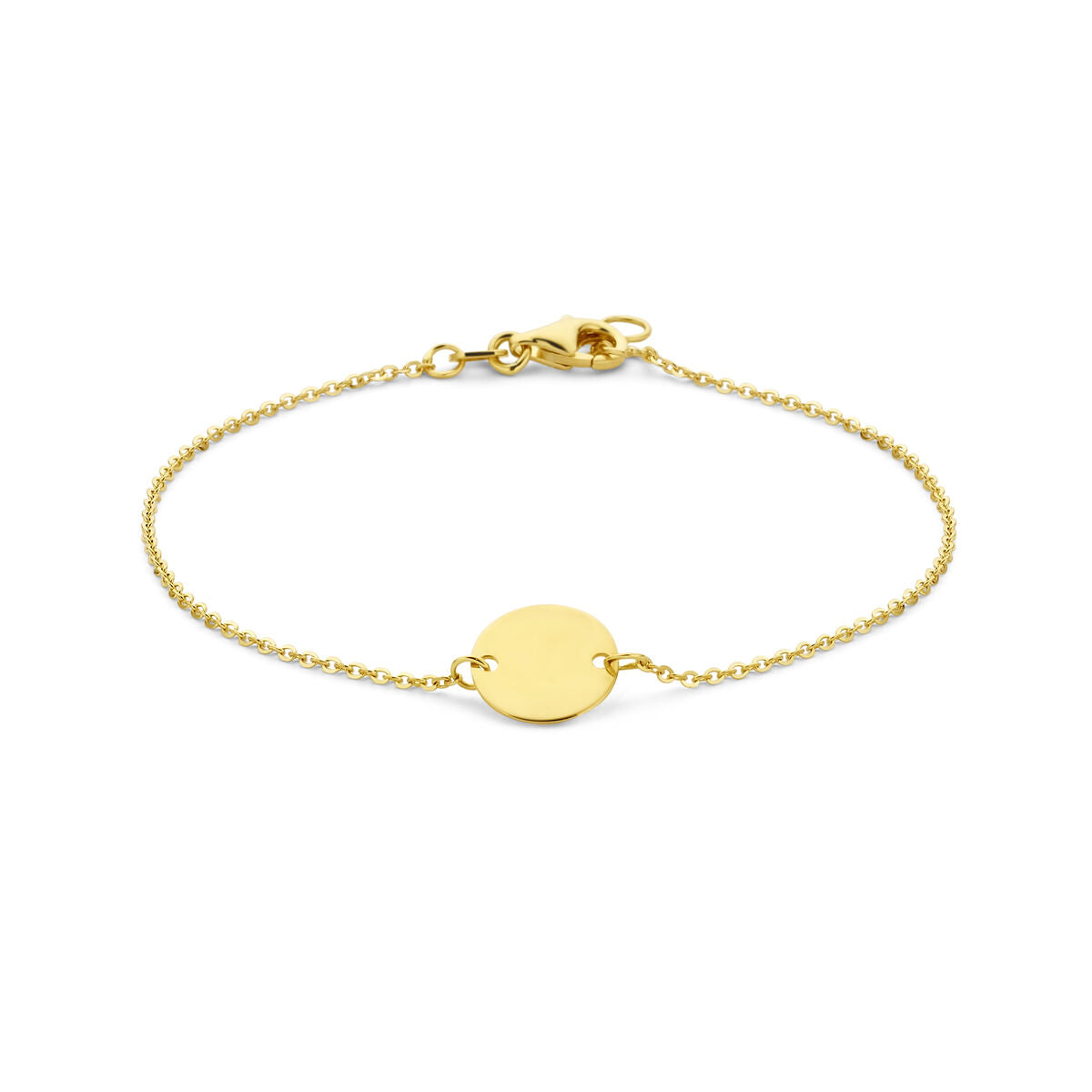 Armband van 14K geelgoud met een ronde schijf en een fijne ketting, verstelbaar van 17 tot 18,5 cm.