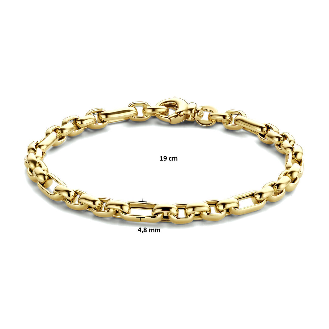 De Van der Kooij Collectie armband anker 4,8 mm 19 cm in 14K geelgoud voor dames, met karabijnsluiting, gepresenteerd op een witte achtergrond met gemarkeerde afmetingen.