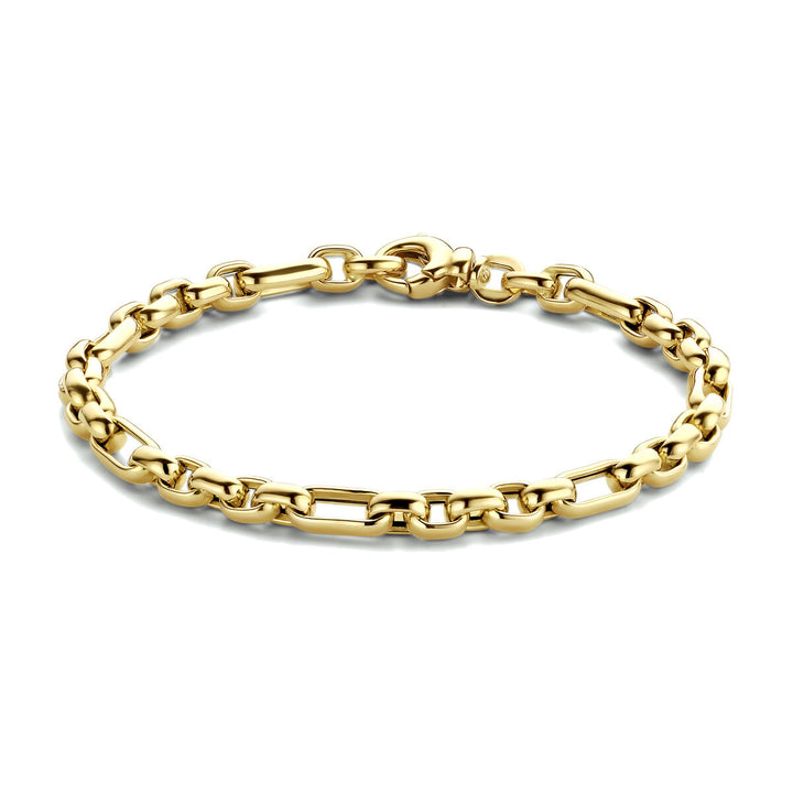 De Van der Kooij Collectie armband anker 4,8 mm 19 cm in 14K geelgoud met rechthoekige en ovale schakels en karabijnsluiting, stijlvol gepresenteerd op een witte achtergrond.