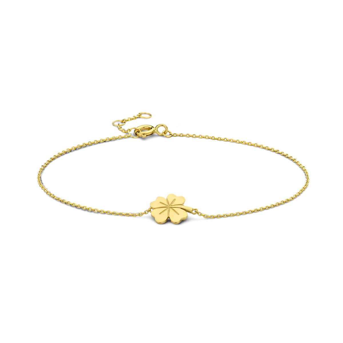 Armband van 14K geelgoud met een klavervormig hanger, verstelbare lengte van 16,5 tot 18,5 cm.