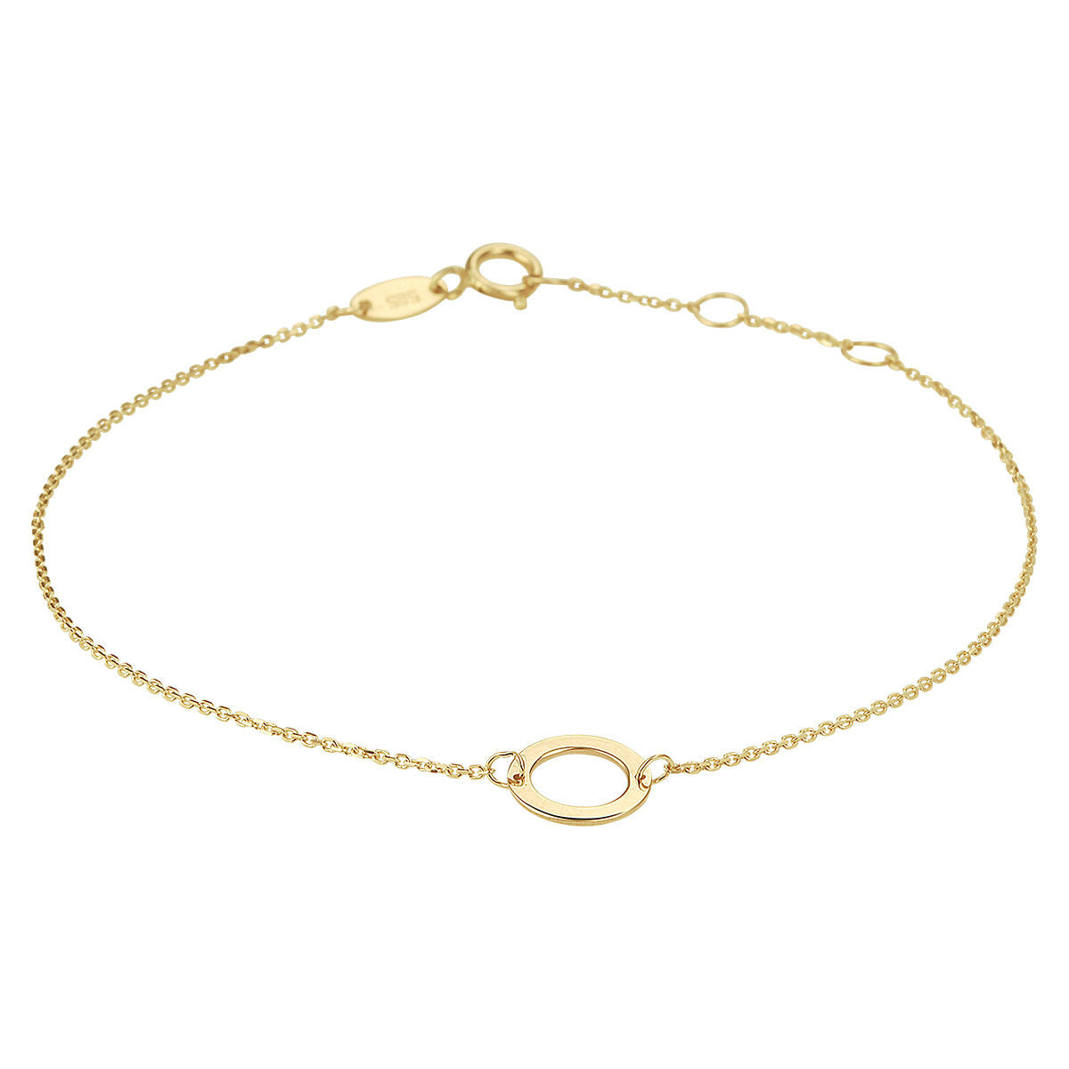 Armband van 14K geelgoud met een fijne schakel en een ovale hanger, verstelbaar van 16,5 tot 18,5 cm.