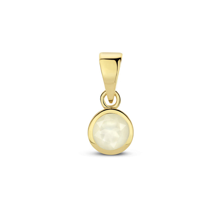 De hanger met geboortesteen 14K geelgoud van de Van der Kooij Collectie toont een ronde, facetgeslepen maansteen in een gladde zetting, prachtig getoond tegen een witte achtergrond.