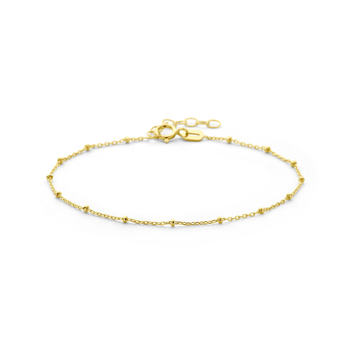 Een stijlvolle damesarmband: de Van der Kooij Collectie armband bolletjes 1,3 mm, lengte 16+3 cm, gemaakt van 14K geelgoud.