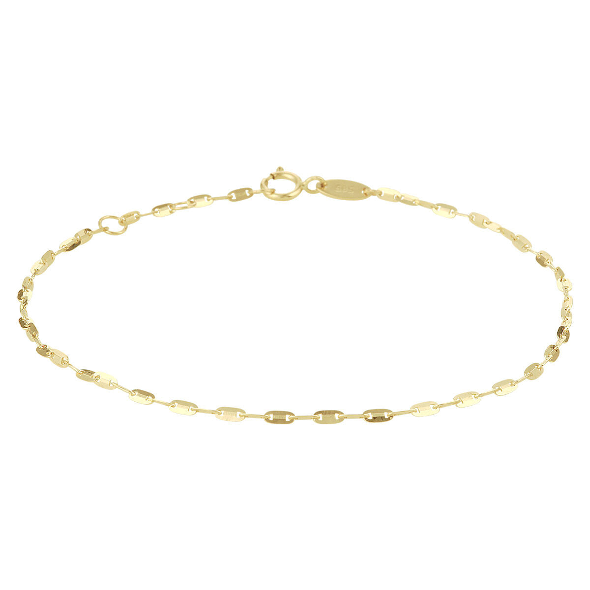 Armband van 14K geelgoud met platte schakelvormen, verkrijgbaar in lengtes van 16, 17 en 18 cm.
