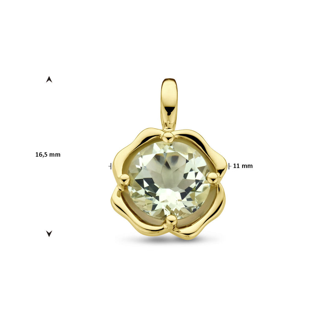 De Van der Kooij Collectie hanger groen amethist 14K geelgoud heeft een grote, ronde groene amethist in een bloemvormige 14k gouden hanger (16,5 mm x 11 mm)- een elegante dames sieraad voor elke gelegenheid.