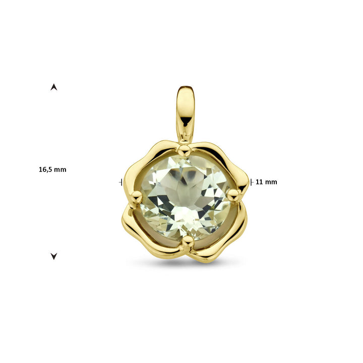 De Van der Kooij Collectie hanger groen amethist 14K geelgoud heeft een grote, ronde groene amethist in een bloemvormige 14k gouden hanger (16,5 mm x 11 mm)- een elegante dames sieraad voor elke gelegenheid.