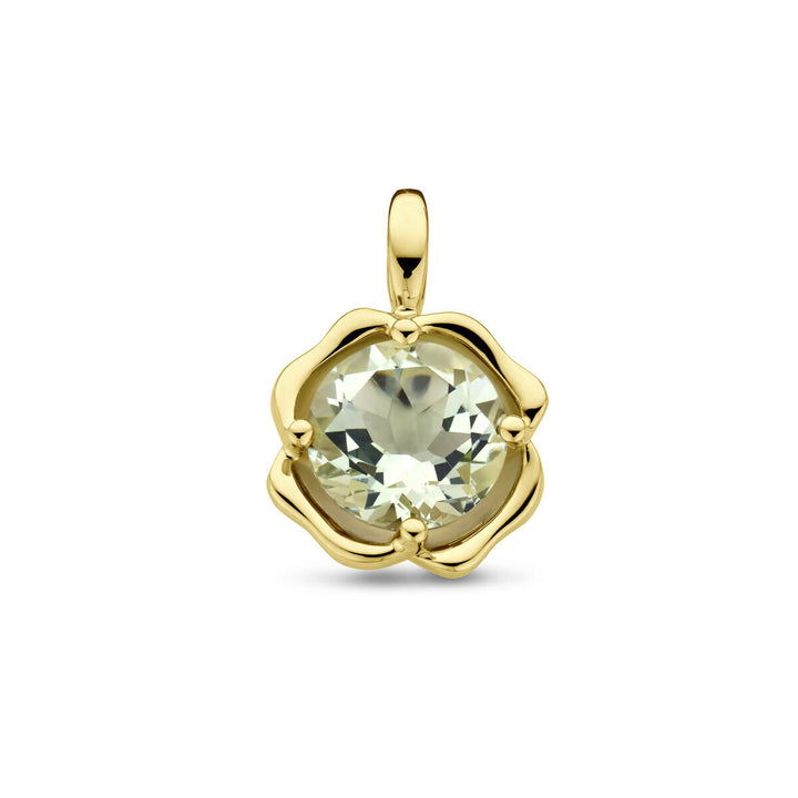 De Van der Kooij Collectie hanger groen amethist 14K geelgoud heeft een ronde, facetgeslepen groene amethist edelsteen gezet in een bloemvormige geelgouden hanger-een prachtige dames sieraad.