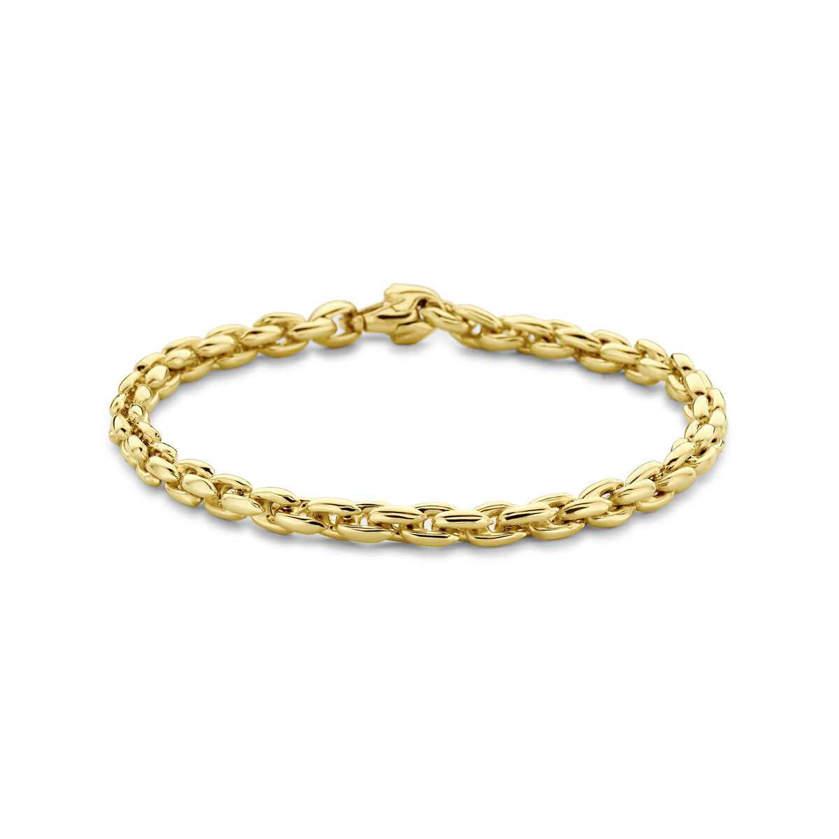 Armband van 14K geelgoud met fantasie schakels van 4,5 mm, lengte 19 cm.