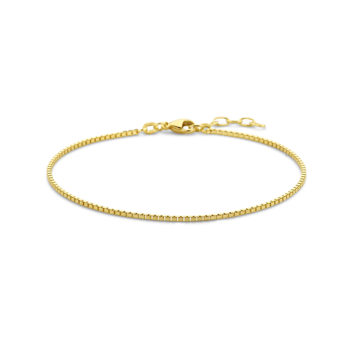 De Van der Kooij Collectie armband venetiaans 1,3 mm 19 + 2 cm (heren lengte) in 14K geelgoud heeft een box link ontwerp met verstelbaar karabijnslot en verlengschakels, afgebeeld op een witte achtergrond.