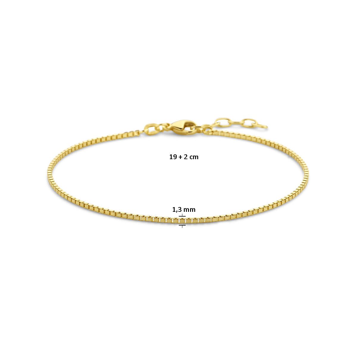 De Van der Kooij Collectie armband venetiaans 1,3 mm, 19 + 2 cm (heren lengte), is gemaakt van 14K geelgoud en heeft een verstelbare karabijnsluiting. Afgebeeld op een witte achtergrond.