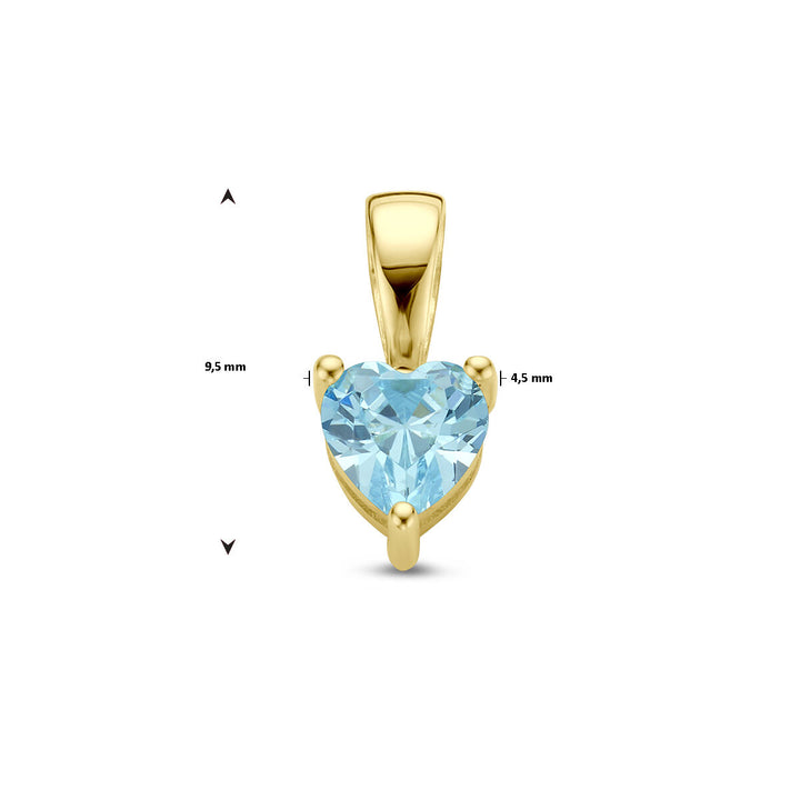 De Van der Kooij Collectie hanger hart met synth. geboortesteen is een 14K geelgouden dames hanger met blauwe steen van 9,5 x 4,5 mm en een eenvoudige gouden oogje bovenop.
