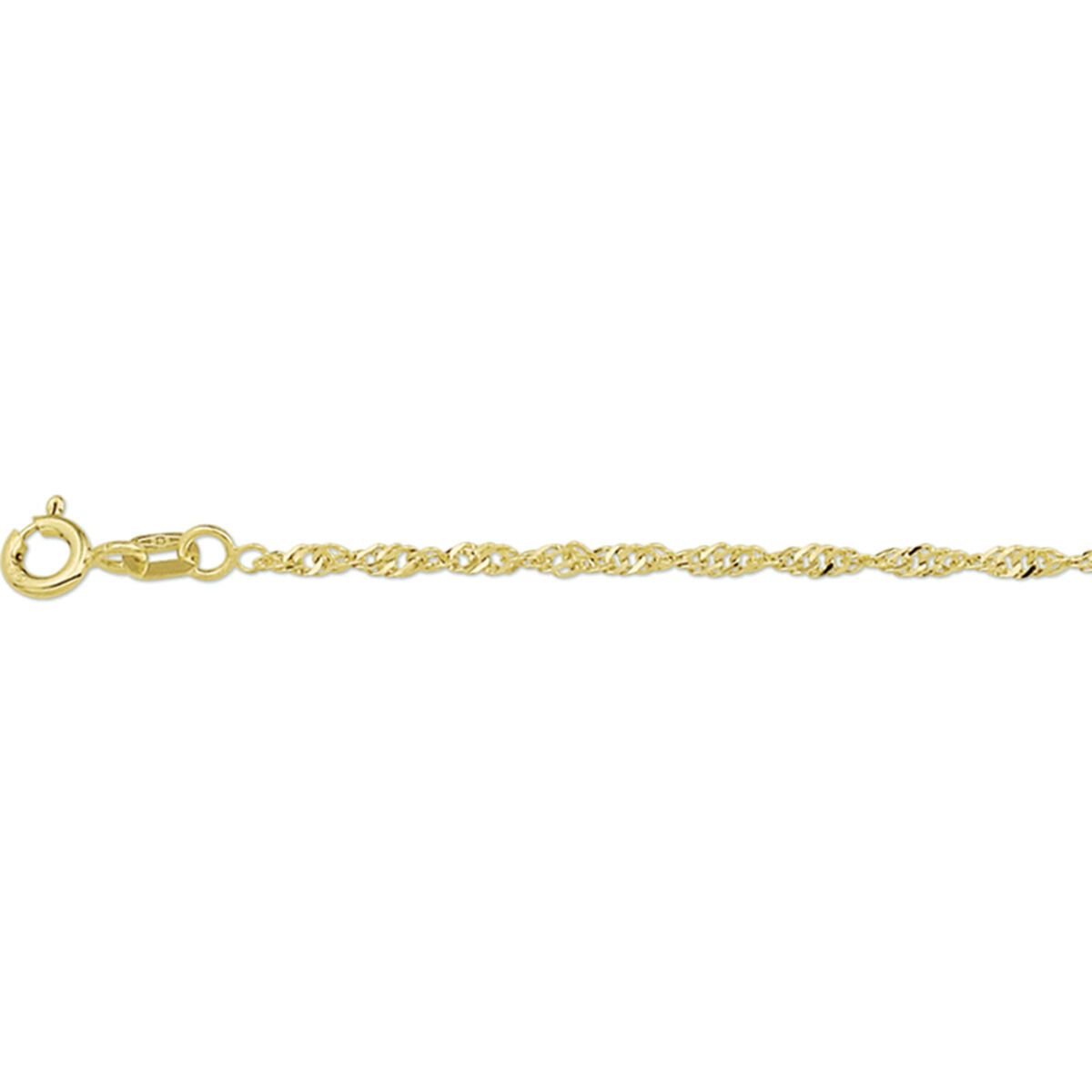Een close-up van de Van der Kooij Collectie collier singapore 1,8 mm 14K geelgoud op een witte achtergrond - een elegant sieraad om te combineren met je favoriete damesarmband of touwketting voor een verfijnde look.