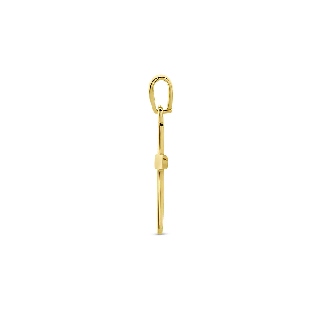 Een enkel 14K geelgoud "hanger kruis" van Van der Kooij Collectie wordt getoond tegen een effen witte achtergrond - een subtiele knipoog naar het religieuze thema.