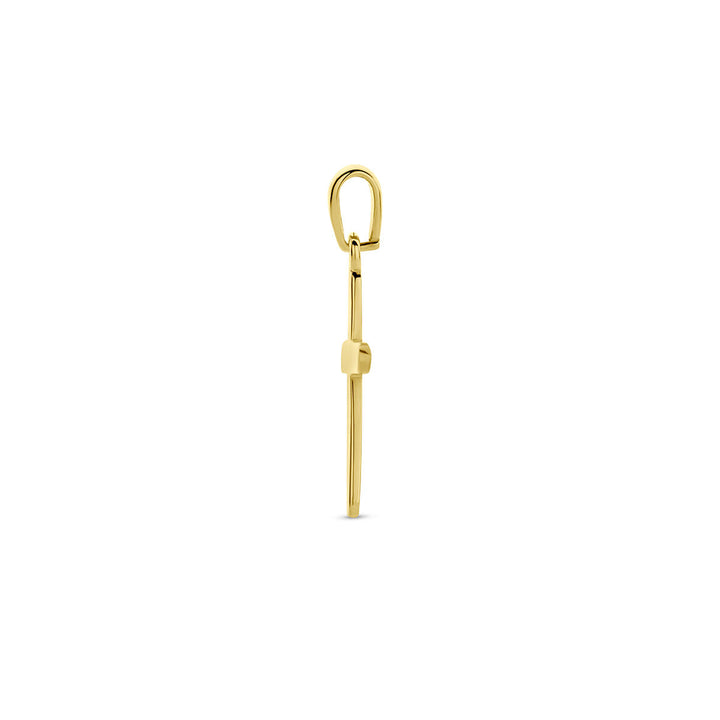 Een enkel 14K geelgoud "hanger kruis" van Van der Kooij Collectie wordt getoond tegen een effen witte achtergrond - een subtiele knipoog naar het religieuze thema.