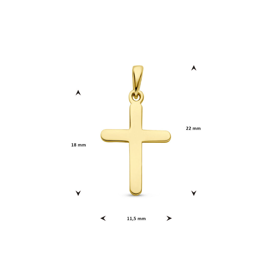 Het Van der Kooij Collectie hanger kruis 14K geelgoud heeft een gladde, gepolijste afwerking en is 22 mm hoog met de hanger, 18 mm zonder en 11,5 mm breed - ideaal voor elk religie thema. Afgebeeld tegen een witte achtergrond.
