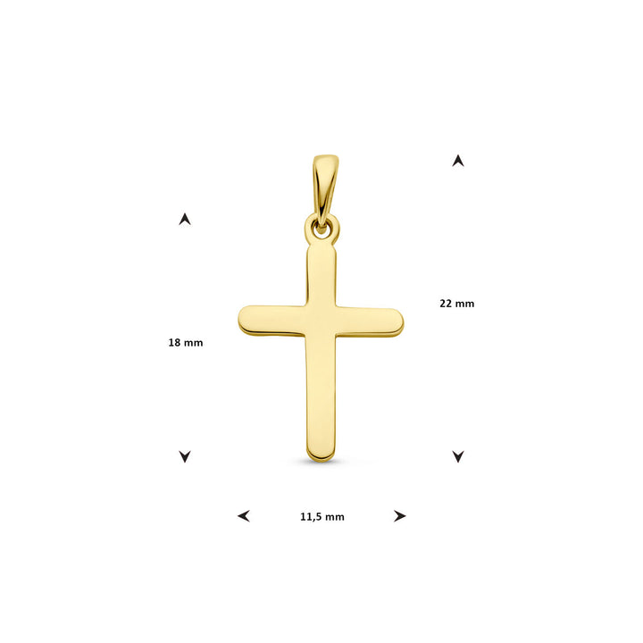 Het Van der Kooij Collectie hanger kruis 14K geelgoud heeft een gladde, gepolijste afwerking en is 22 mm hoog met de hanger, 18 mm zonder en 11,5 mm breed - ideaal voor elk religie thema. Afgebeeld tegen een witte achtergrond.
