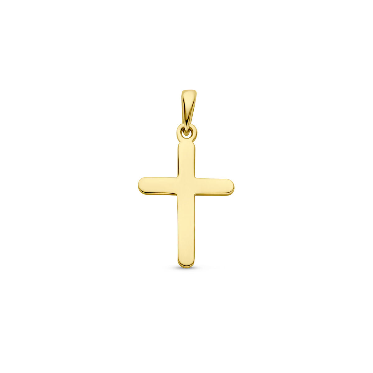 Het Van der Kooij Collectie hanger kruis 14K geelgoud heeft gladde randen en een klein lusje voor bevestiging aan een collier - een tijdloos religie thema-stuk op een effen witte achtergrond.