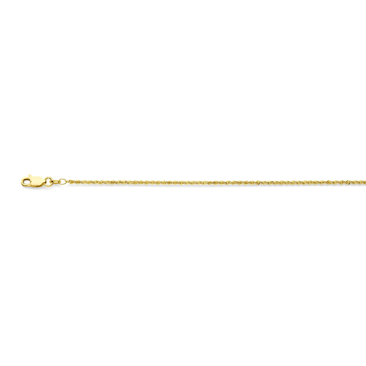 De Van der Kooij Collectie koord 1,7 mm massief 14K geelgoud damesketting met kleine karabijnsluiting is horizontaal gepresenteerd op een witte achtergrond.