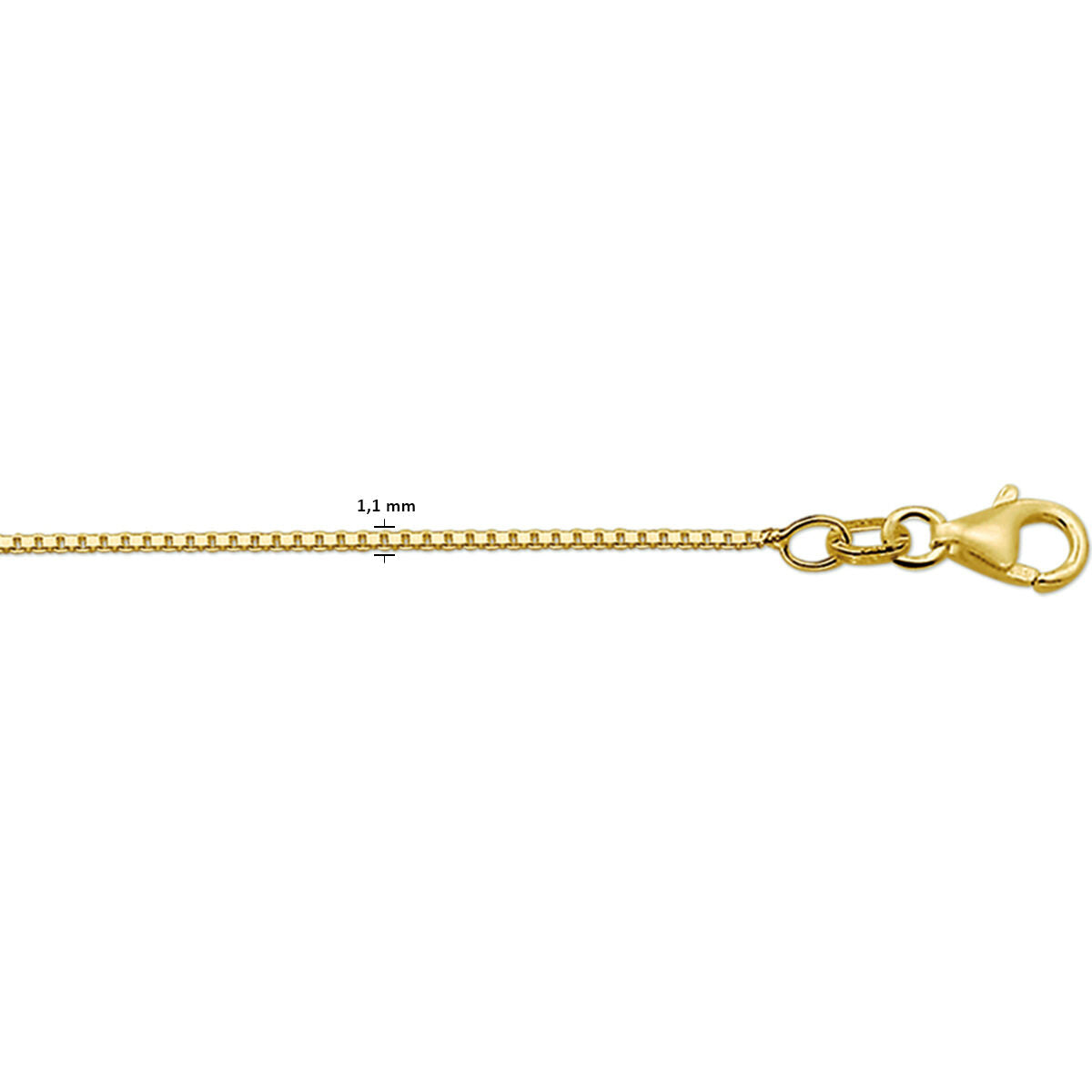 Close-up van het Van der Kooij Collectie collier venetiaans 1,1 mm 14K geelgoud, met een delicate Venetiaanse ketting en karabijnslot.