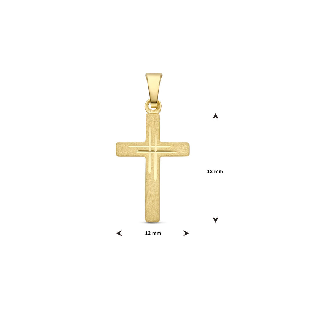 De Van der Kooij Collectie hanger kruis gediamanteerd 14K geelgoud is een unisex gouden kruishanger (18x12 mm) met een gegraveerd midden, afgebeeld op een effen witte achtergrond.