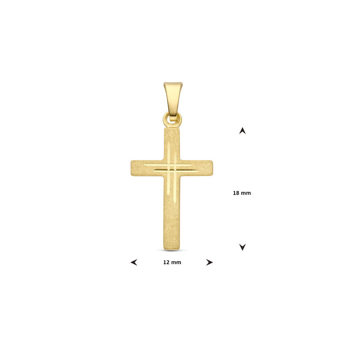 De Van der Kooij Collectie hanger kruis gediamanteerd 14K geelgoud is een unisex gouden kruishanger (18x12 mm) met een gegraveerd midden, afgebeeld op een effen witte achtergrond.