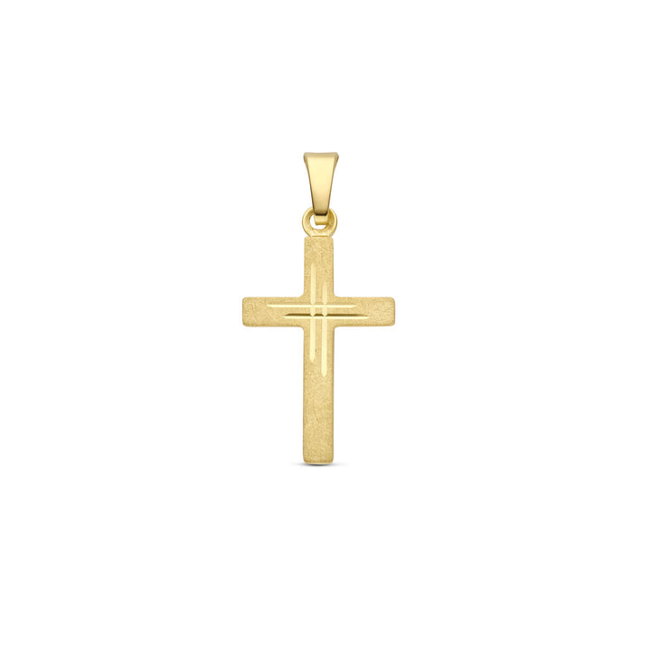 De Van der Kooij Collectie hanger kruis gediamanteerd 14K geelgoud is een unisex matgouden kruishanger met een gegraveerde starburst in het midden, weergegeven tegen een witte achtergrond.