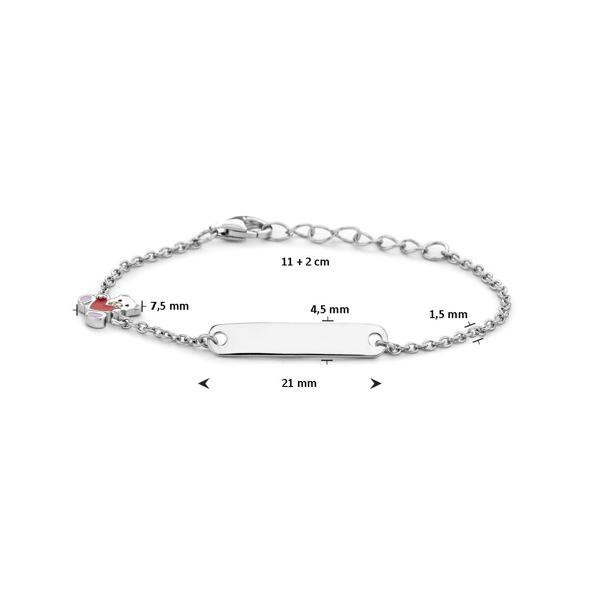 De Van der Kooij Collectie Baby armband zilver bier en hart heeft een gerhodineerde plaat van 4,5 mm, een klein hartje en is verstelbaar van 11 tot 13 cm.